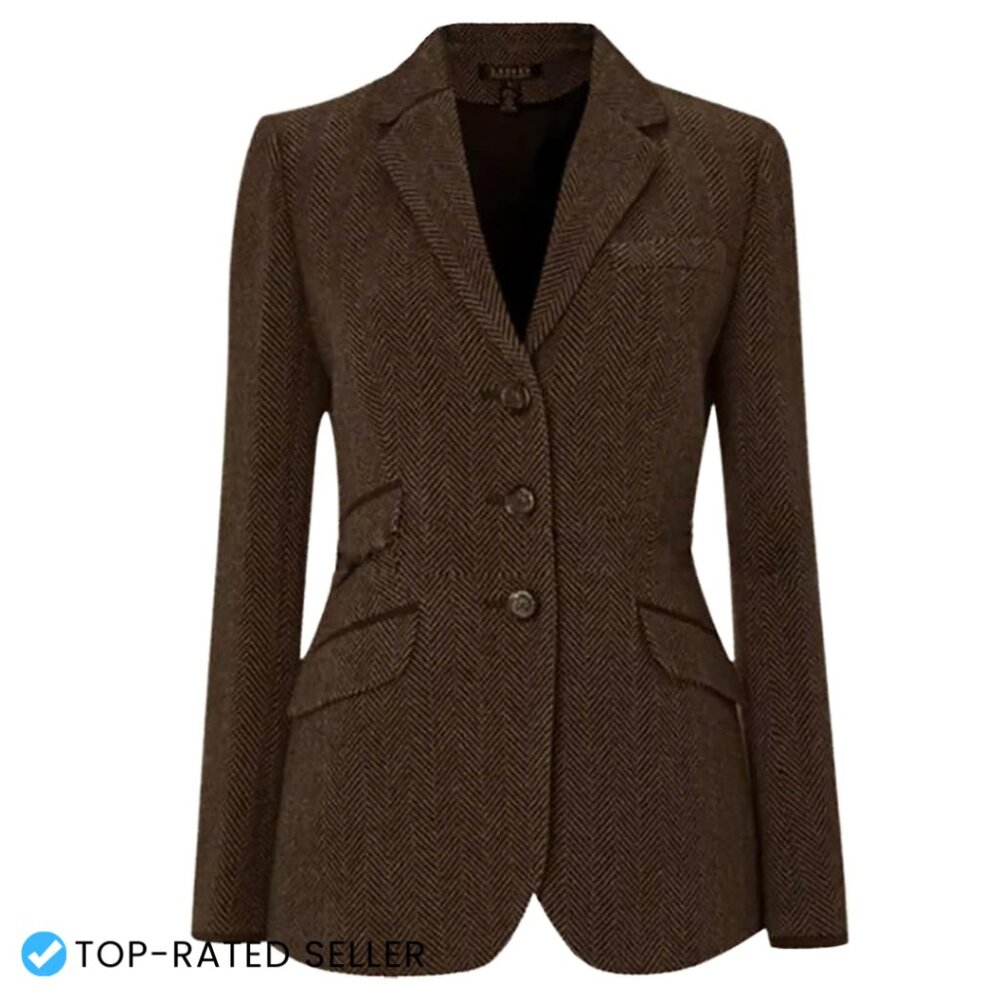 Vintage Herringbone Blazer Classic Retro Notch Lapel Single Breasted Wool Blend